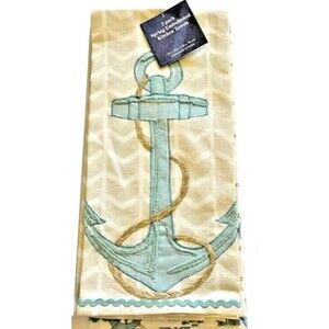 Nautical Kitchen Dish Towels Embroidered Decorative Anchors 100% Cotton Set of 2